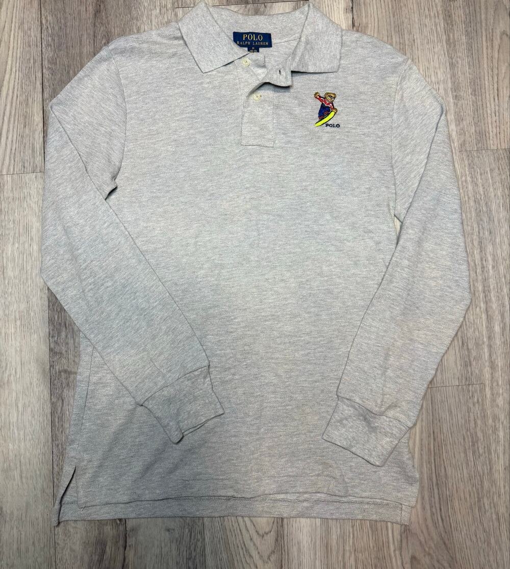 Polo RALPH LAUREN Boys Youth Size M 10-12 Surfing BEAR Polo Gray Shirt